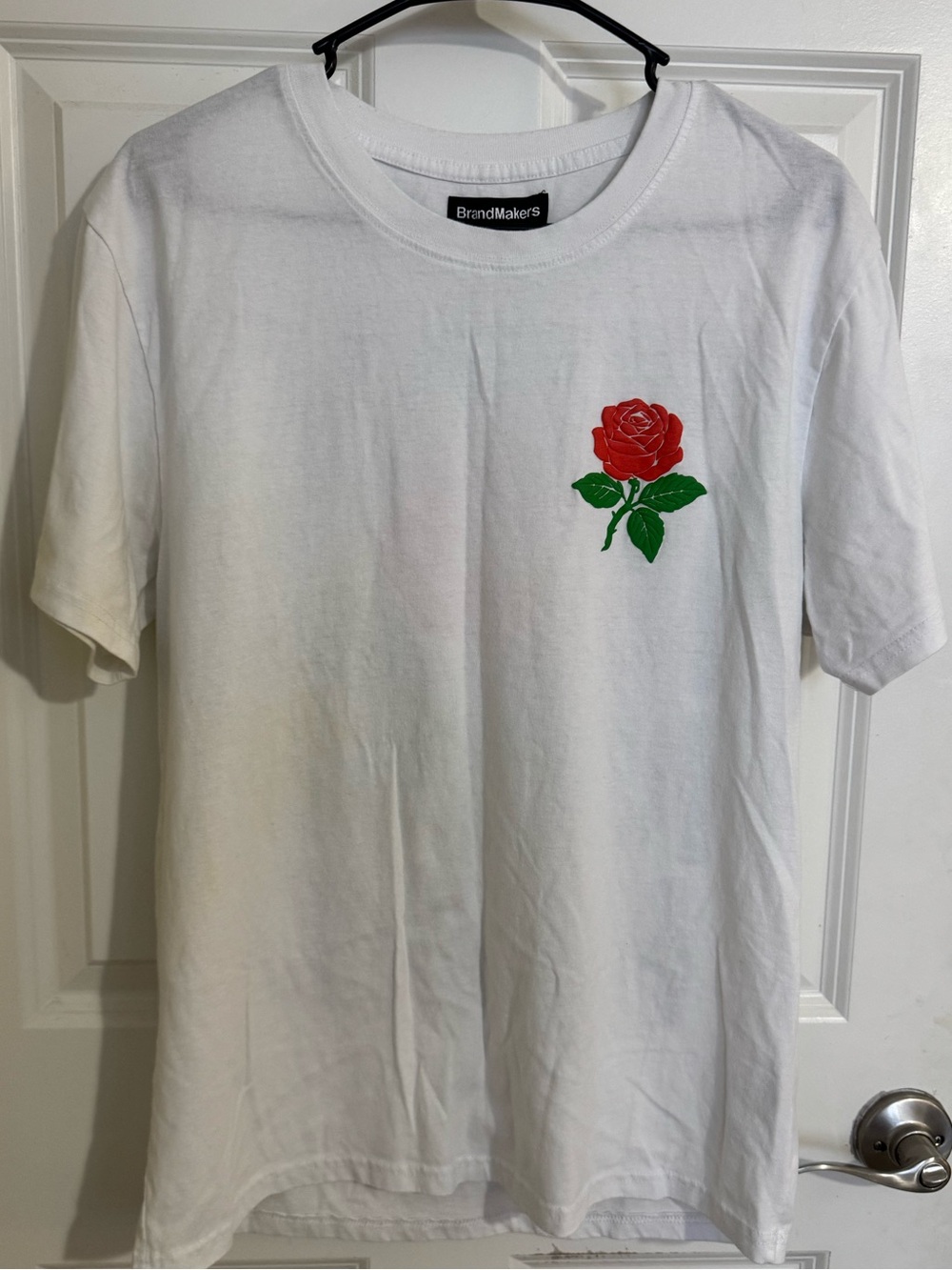 White Tee with Red Rose Embroidery